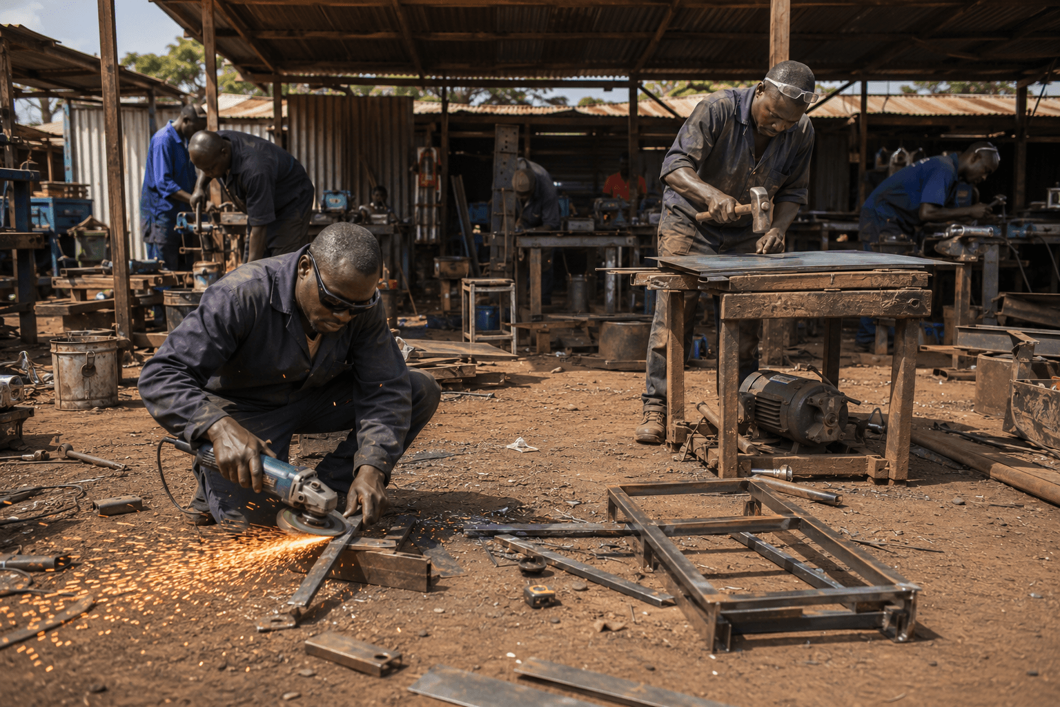 Kenyan jua kali artisans working together in a manufacturing workshop