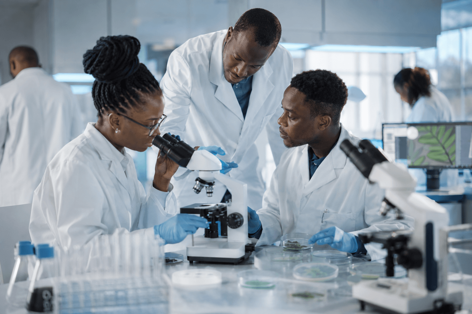 Kenyan scientists collaborating inside a modern research laboratory